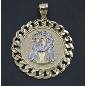 Real 10K Yellow Gold Jesus Head Curb Chain Frame Medallion Pendant 49.4mm 13.1gr